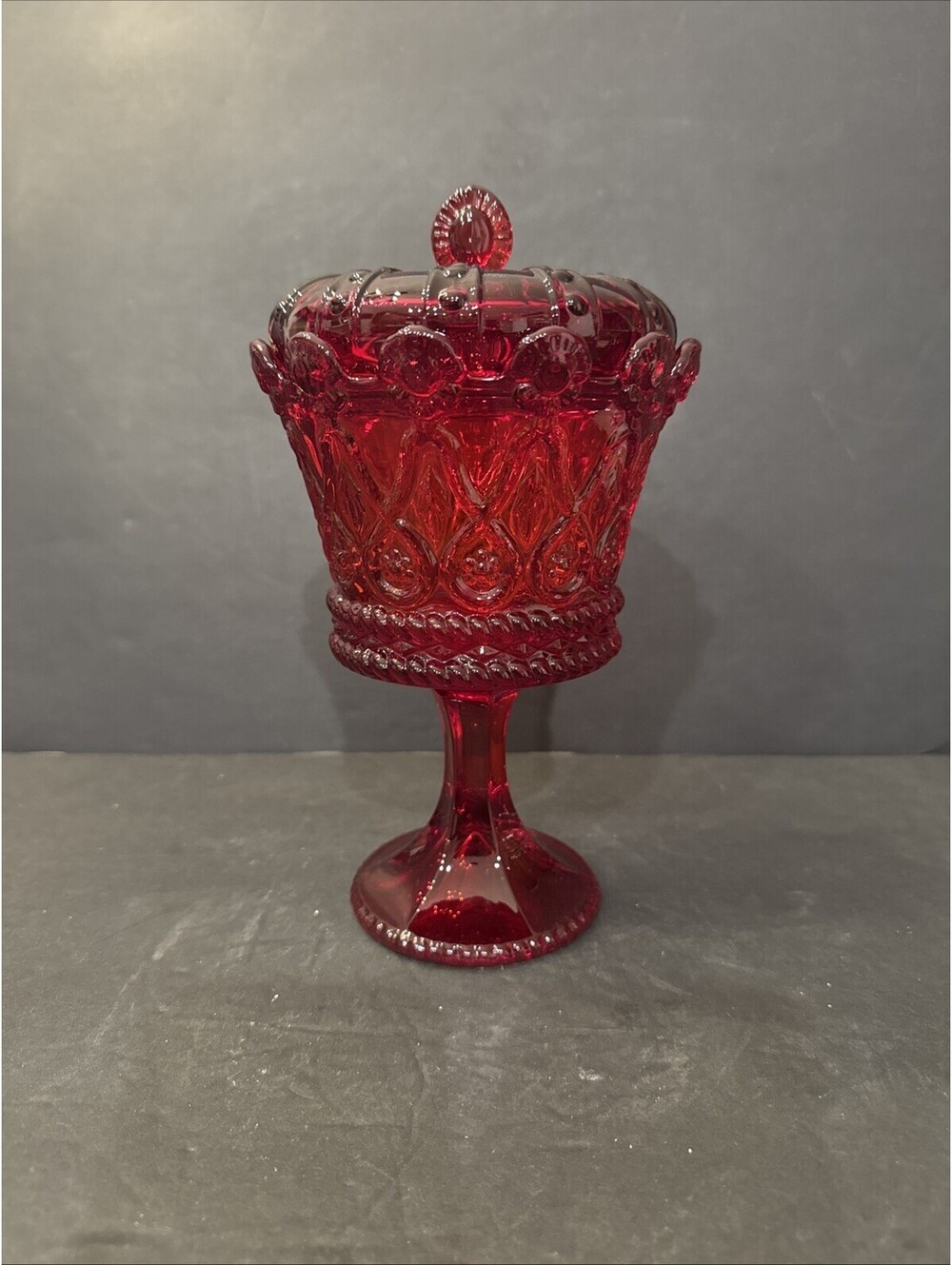 Fostoria Habsburg Crown Collection Ruby Chalice Candy Dish with Lid 9 1/2" Glows